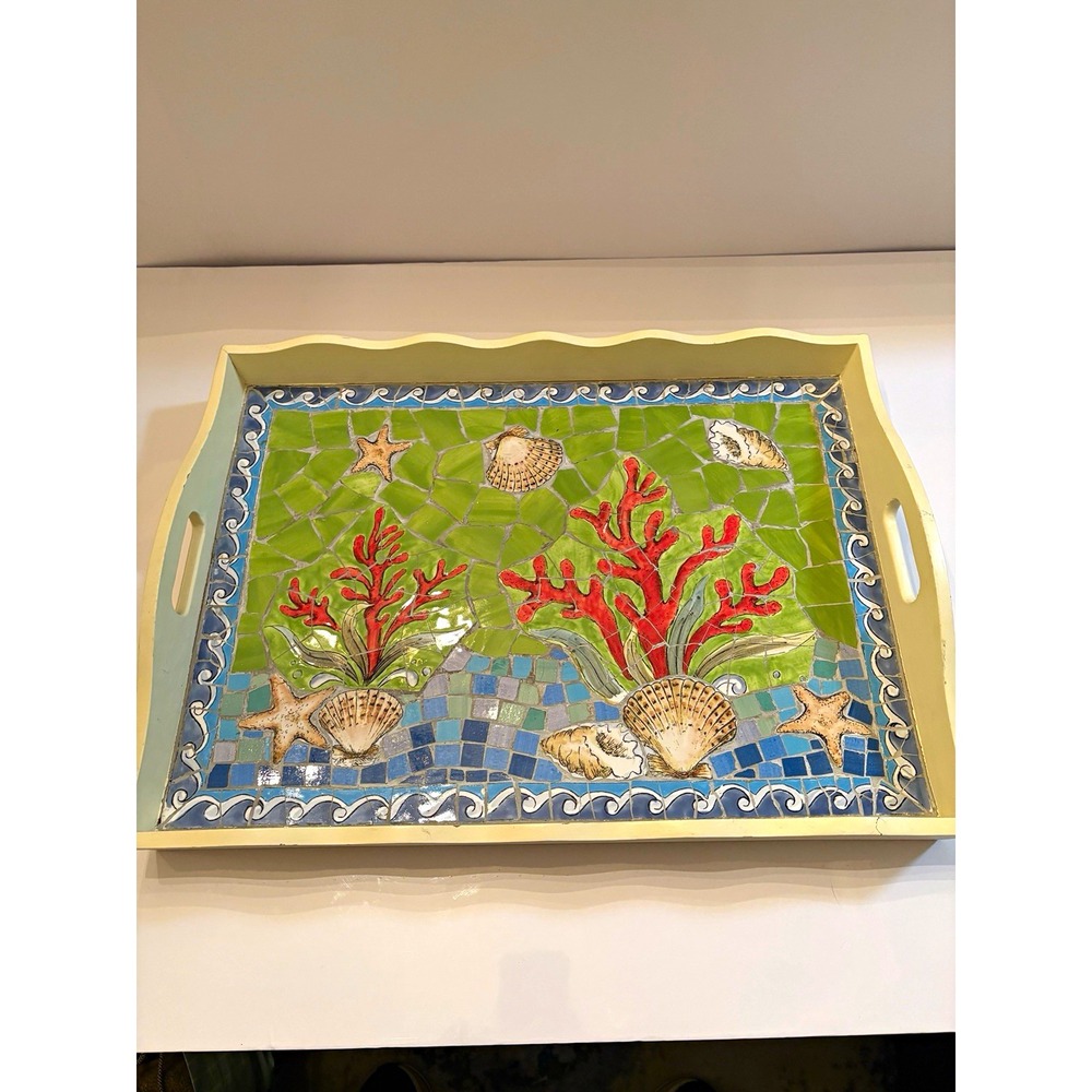 Vtg Coastal Seashell Mosaic Large Rectangular Wood Serving Tray w/ Handles 19x14
